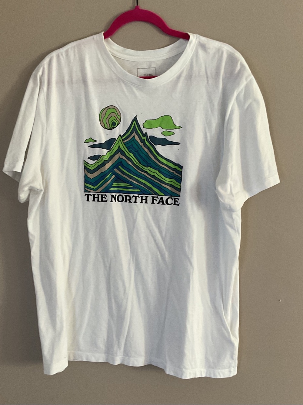 The North Face White Tee with Green and Blue Mountain Graphic